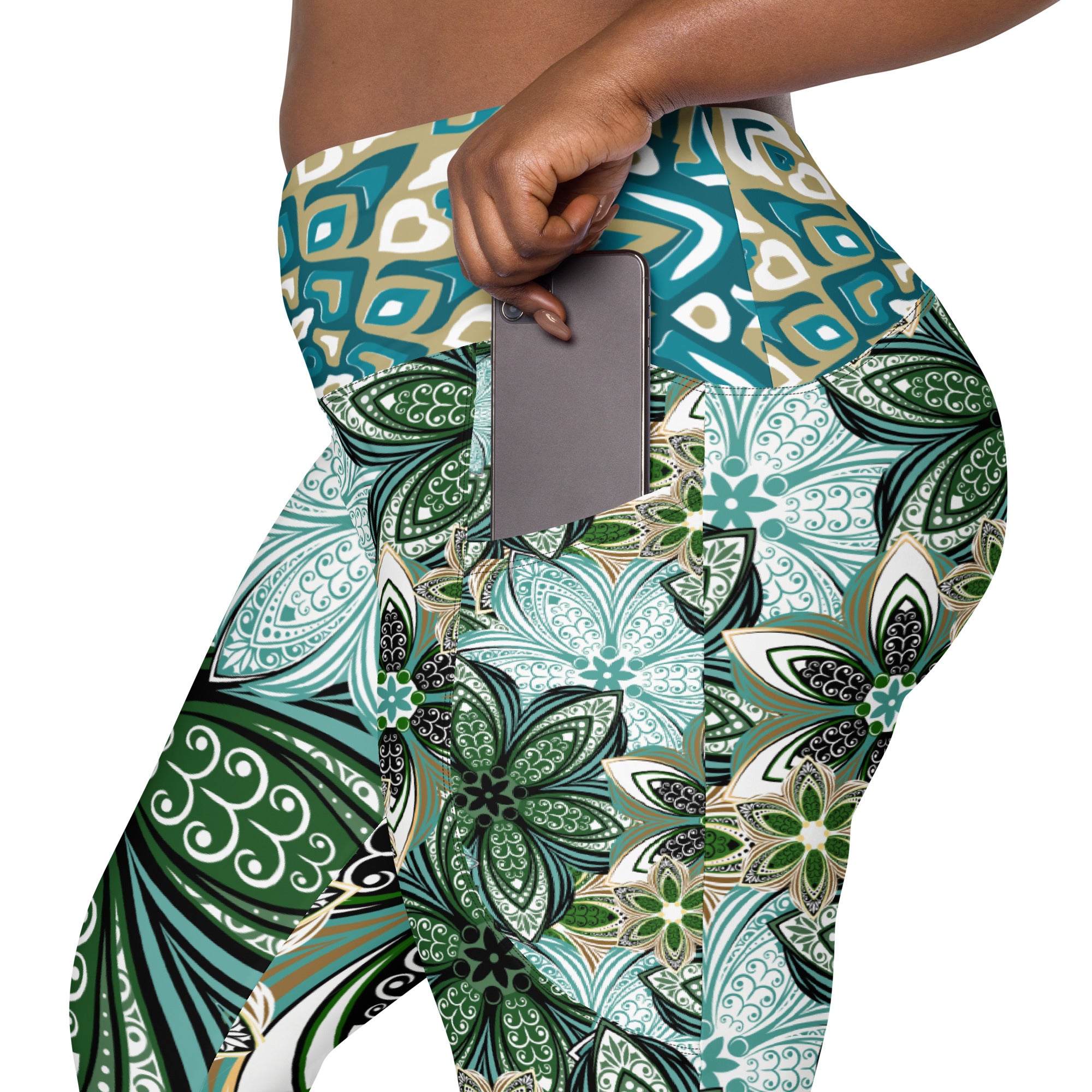 Turquoise and Green Geometric Flowers Leggings with pockets