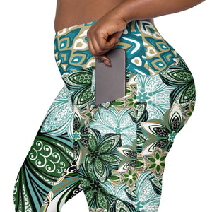 Turquoise and Green Geometric Flowers Leggings with pockets