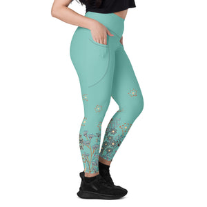 All Turquoise with a Touch of Flowers Leggings with pockets