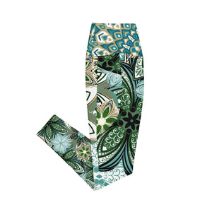 Turquoise and Green Geometric Flowers Leggings with pockets