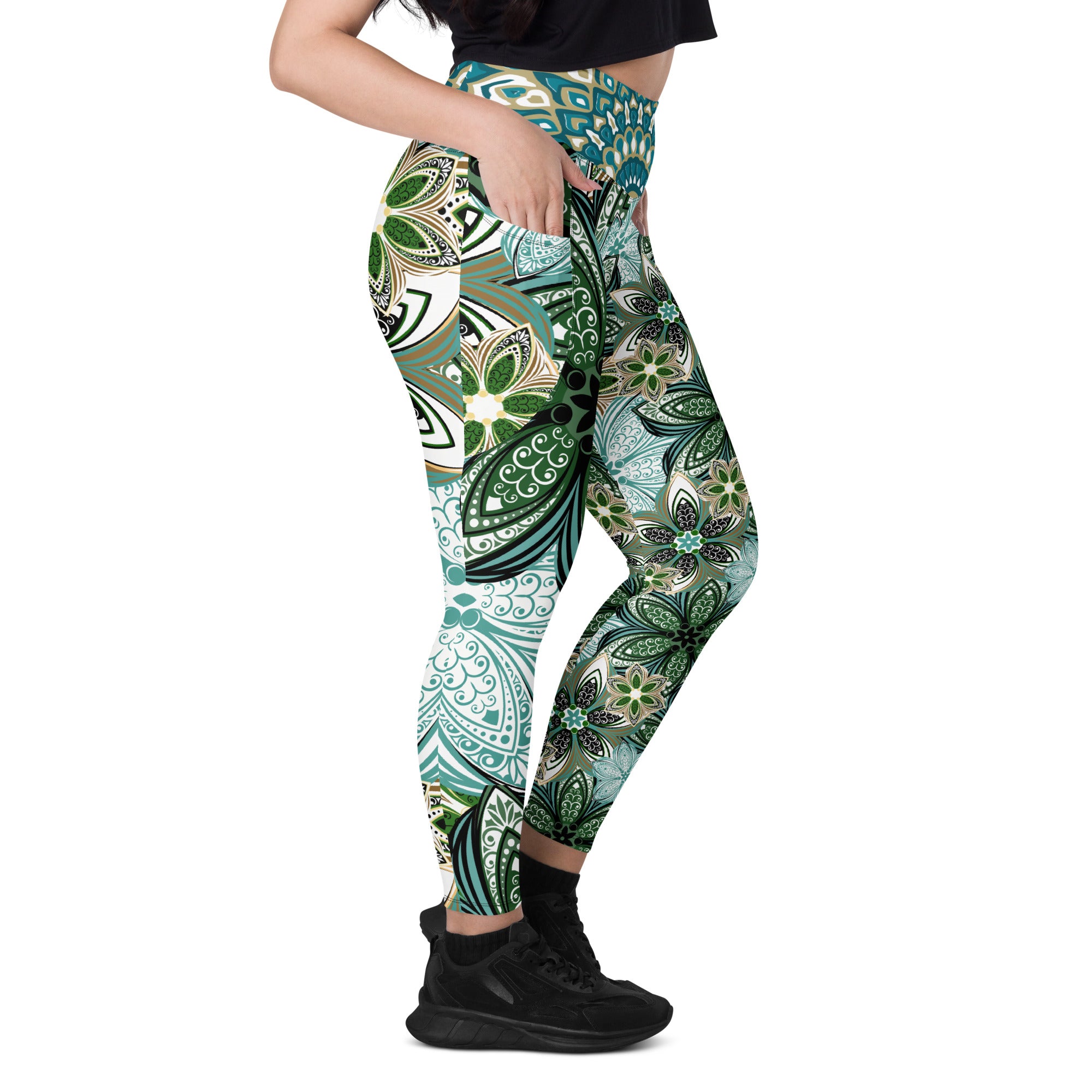 Turquoise and Green Geometric Flowers Leggings with pockets