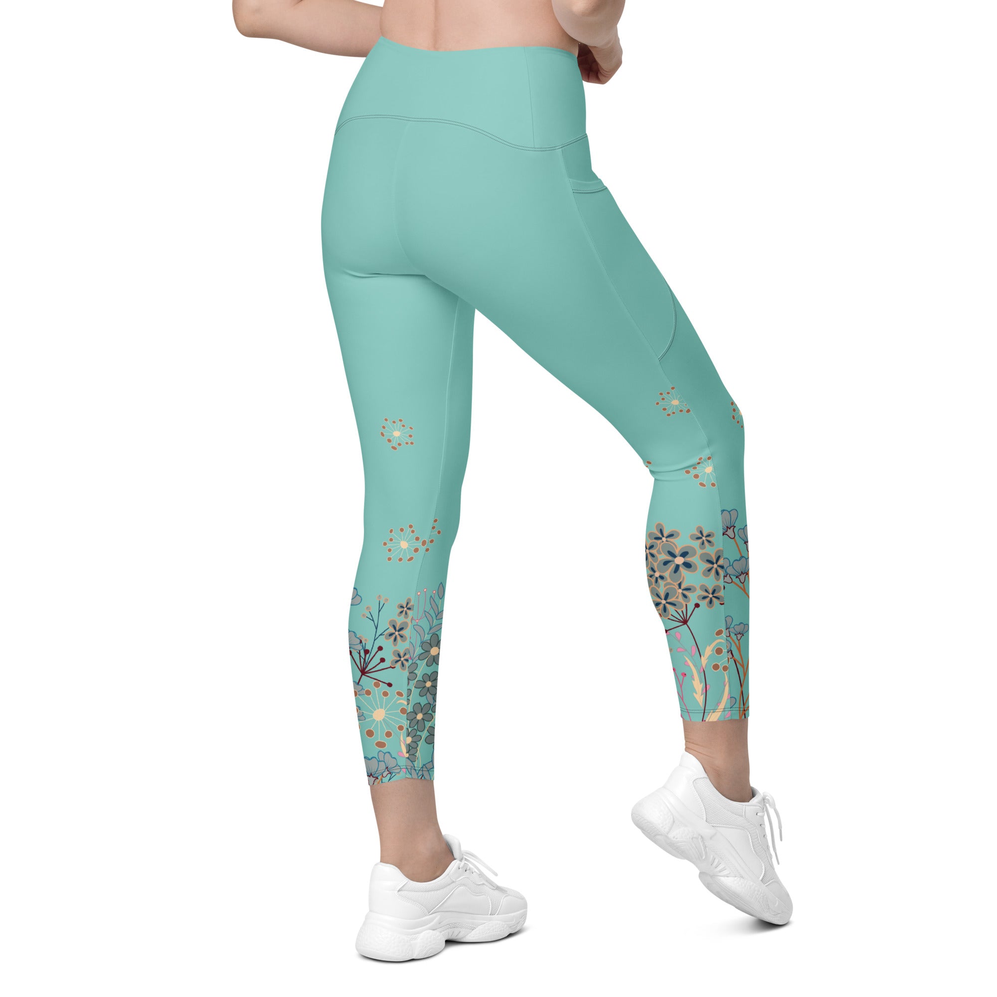 All Turquoise with a Touch of Flowers Leggings with pockets