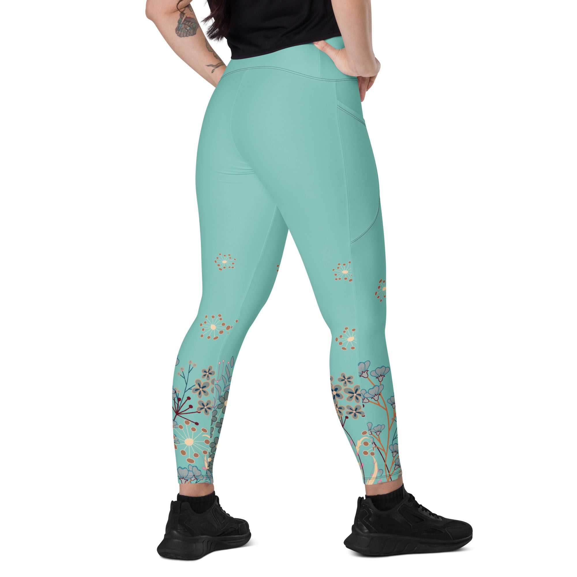 All Turquoise with a Touch of Flowers Leggings with pockets