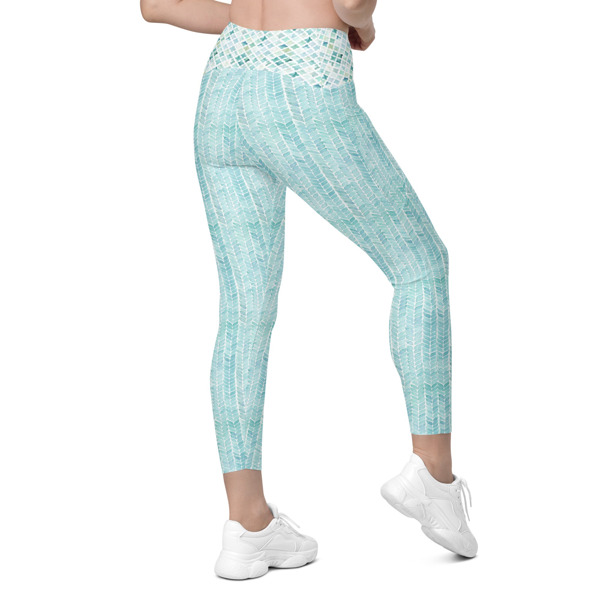 Turquoise Watercolor Vertical Stripes Leggings with pockets