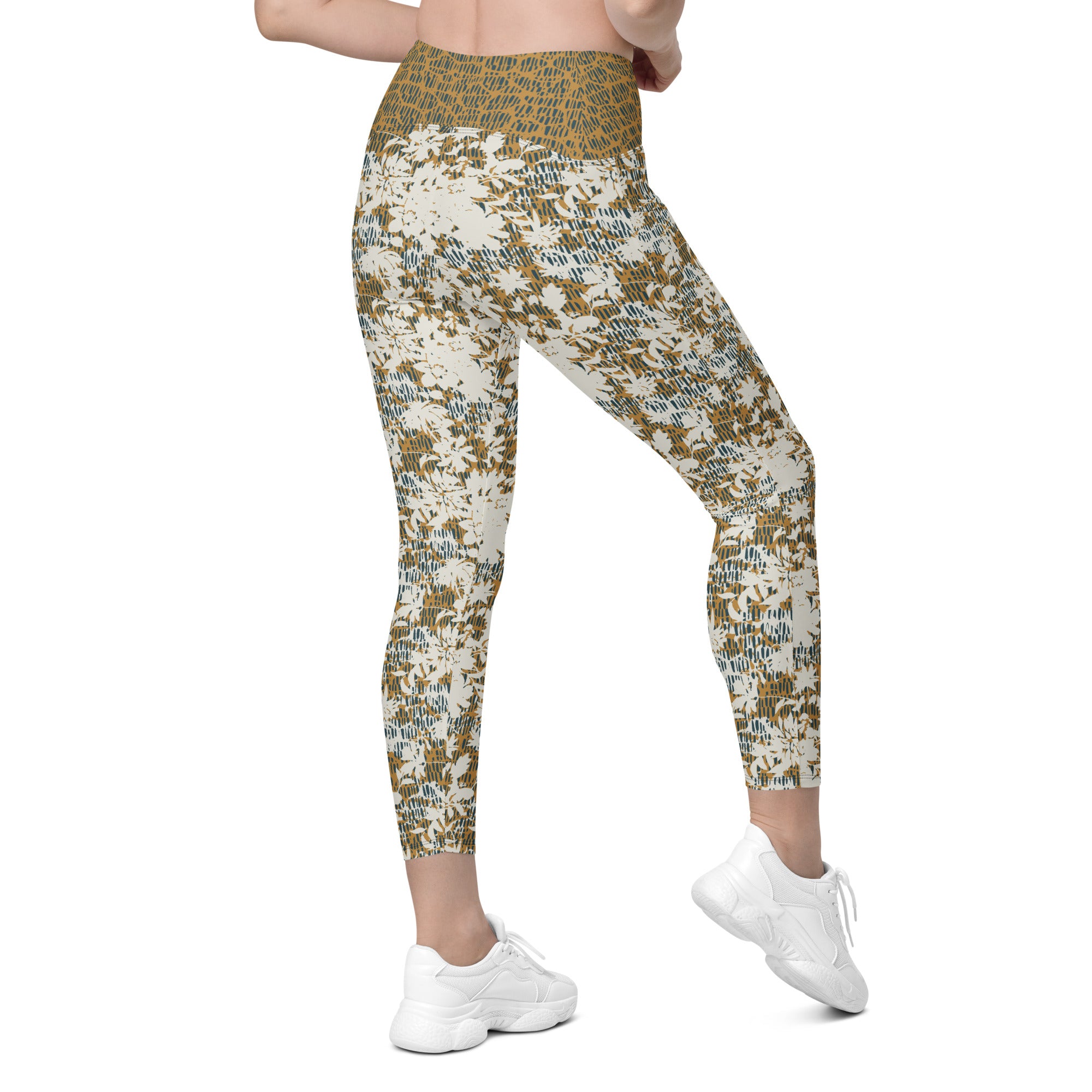 Creamy Flowers on Gold Background with Teal Leggings with pockets