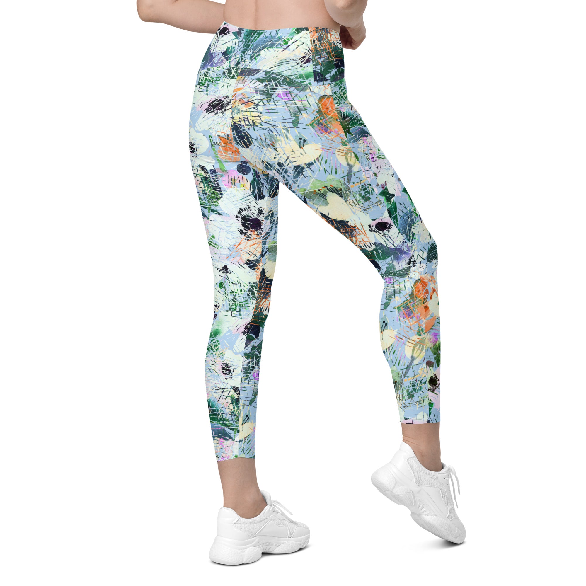 Blue Abstract Floral Leggings with pockets