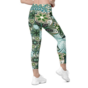 Turquoise and Green Geometric Flowers Leggings with pockets