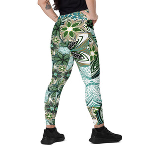 Turquoise and Green Geometric Flowers Leggings with pockets