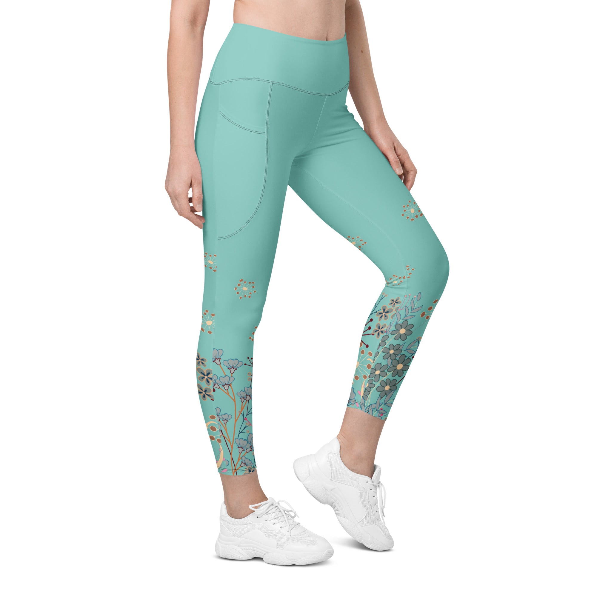 All Turquoise with a Touch of Flowers Leggings with pockets