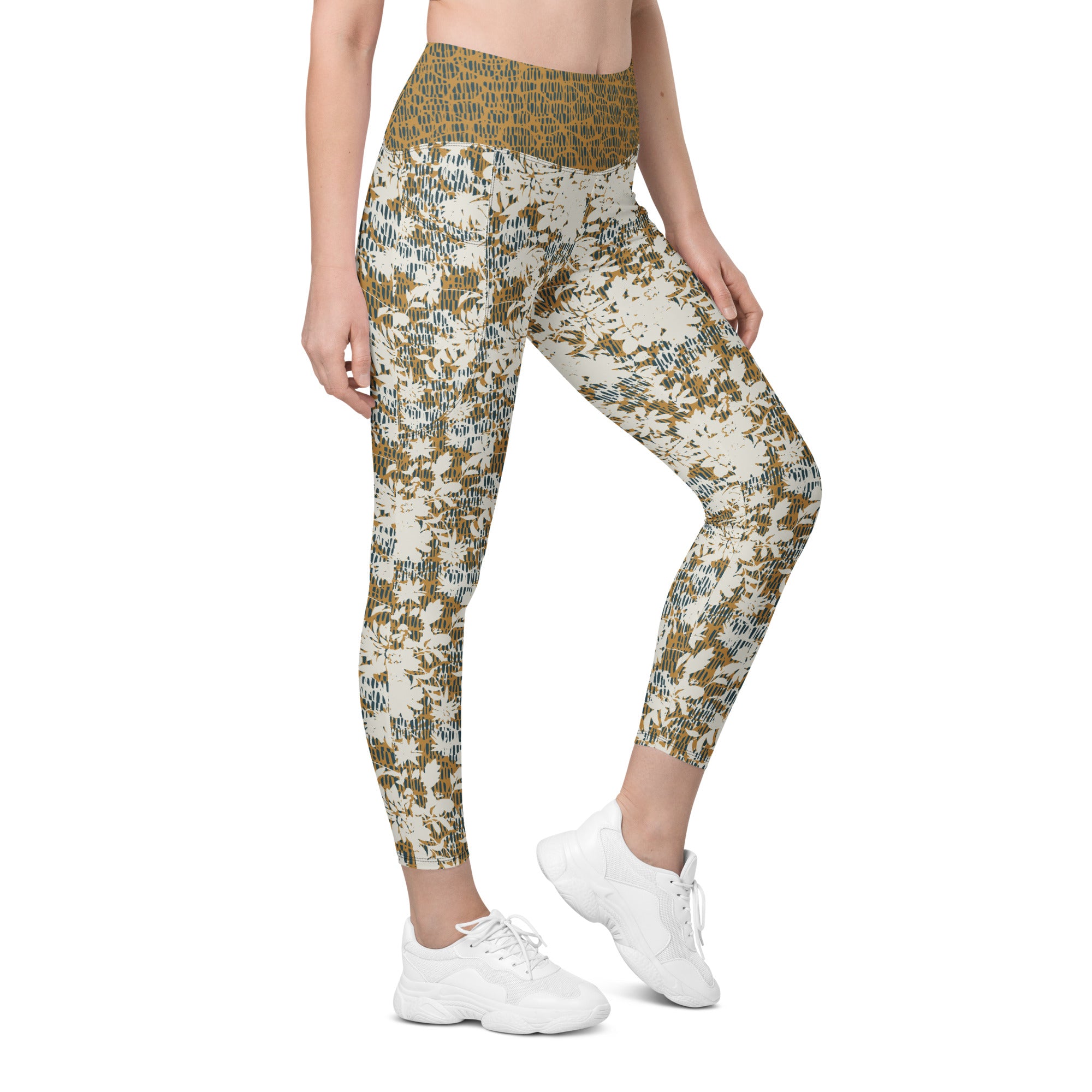 Creamy Flowers on Gold Background with Teal Leggings with pockets