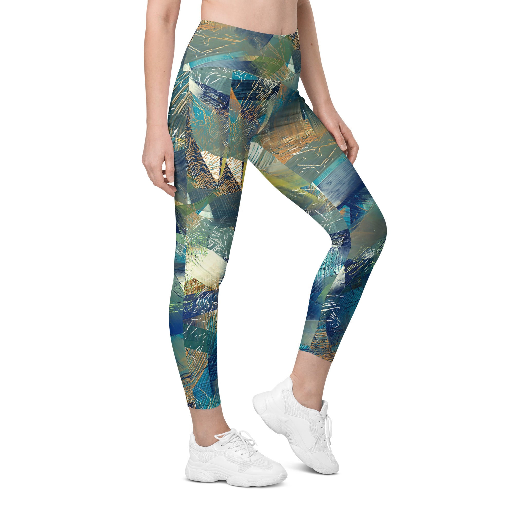 Abstract Blues and Greens Leggings with pockets