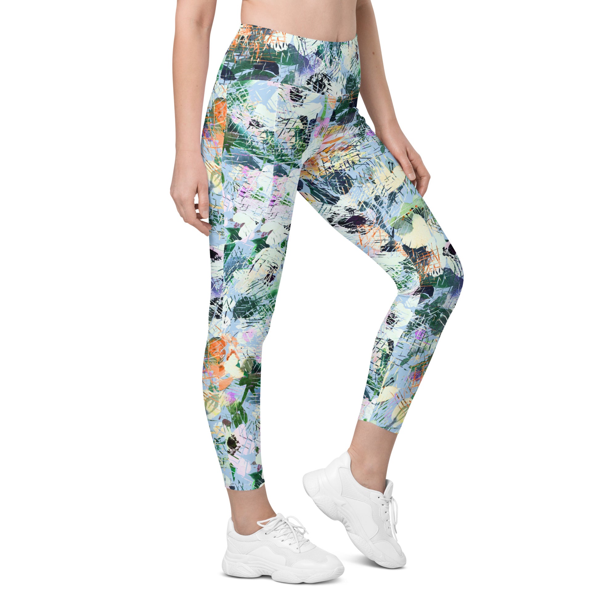 Blue Abstract Floral Leggings with pockets