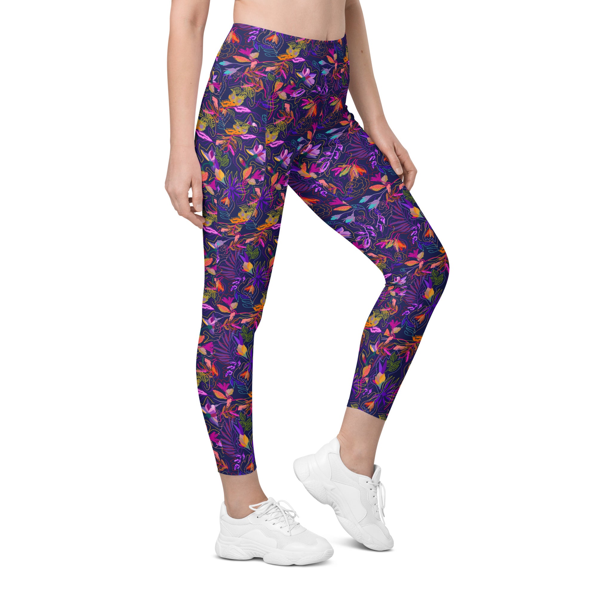 Neon Flowers on Purple Leggings with pockets