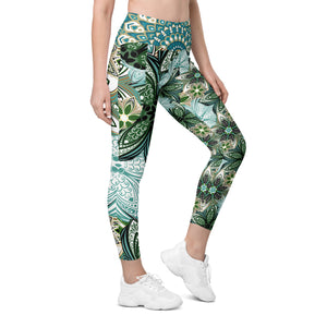 Turquoise and Green Geometric Flowers Leggings with pockets