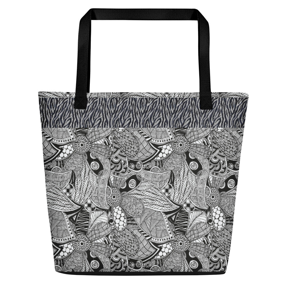 Black and White Doodles with Zebra - Beach Bag