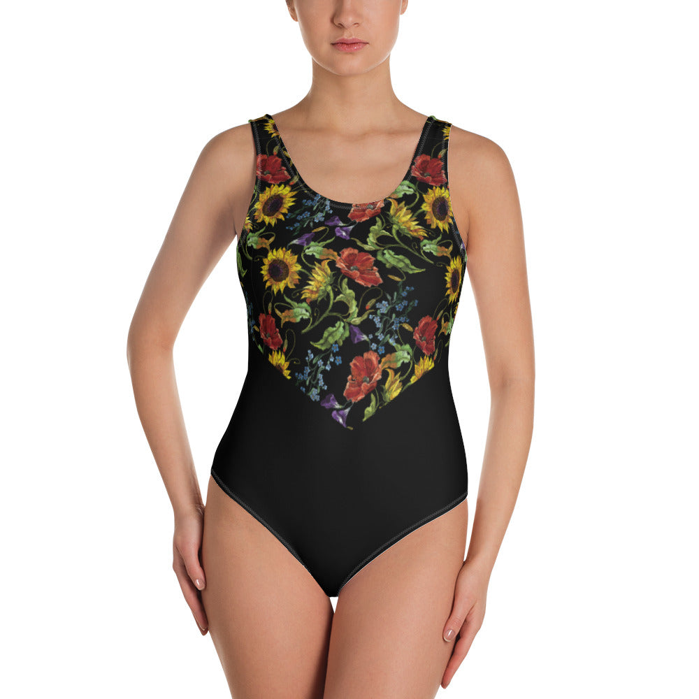 "Embroidered" Floral on Black - One-Piece Swimsuit