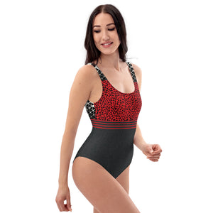 Black, Red and Cream Cheetah Geometric - One-Piece Swimsuit