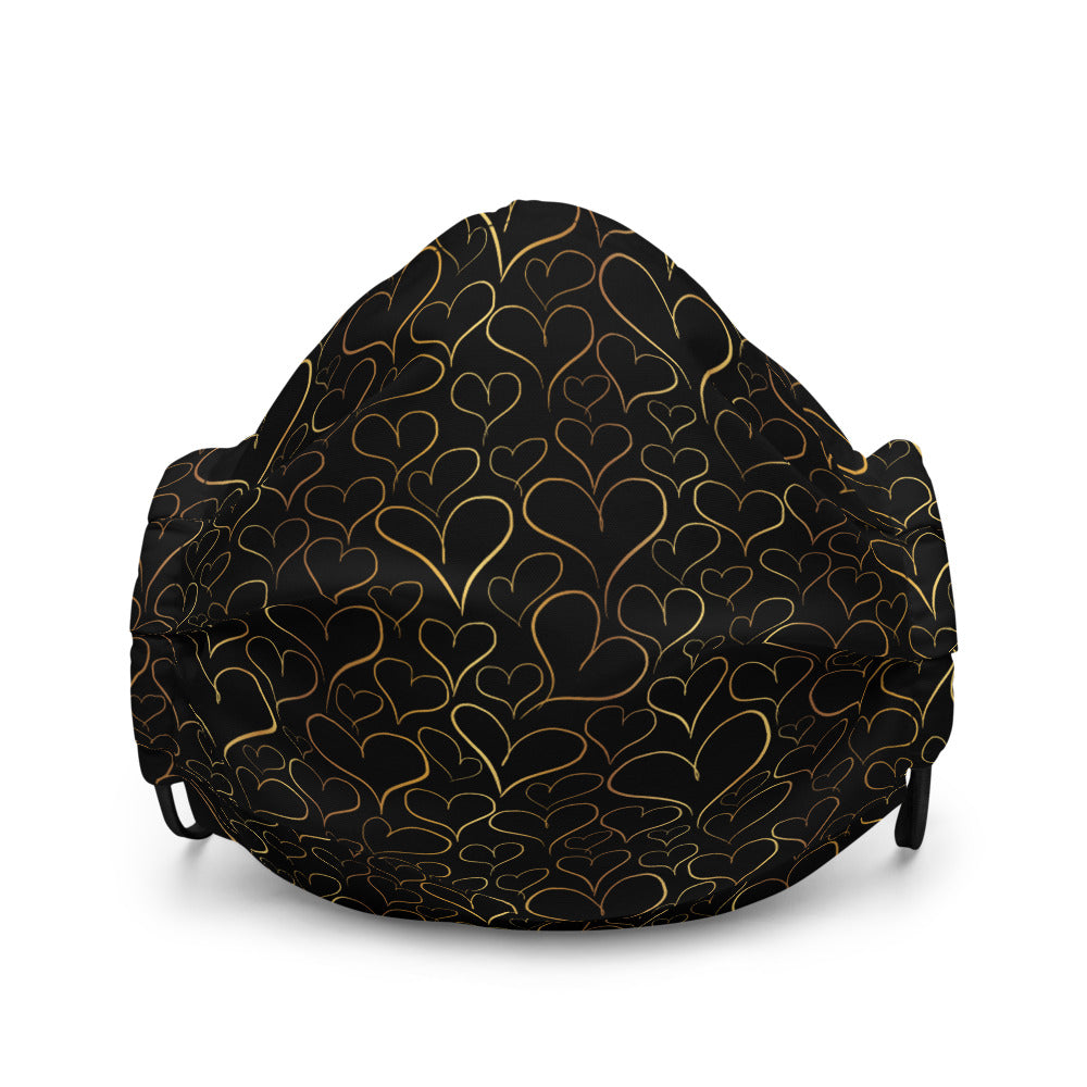 Gold Hearts on Black - Premium Face Mask