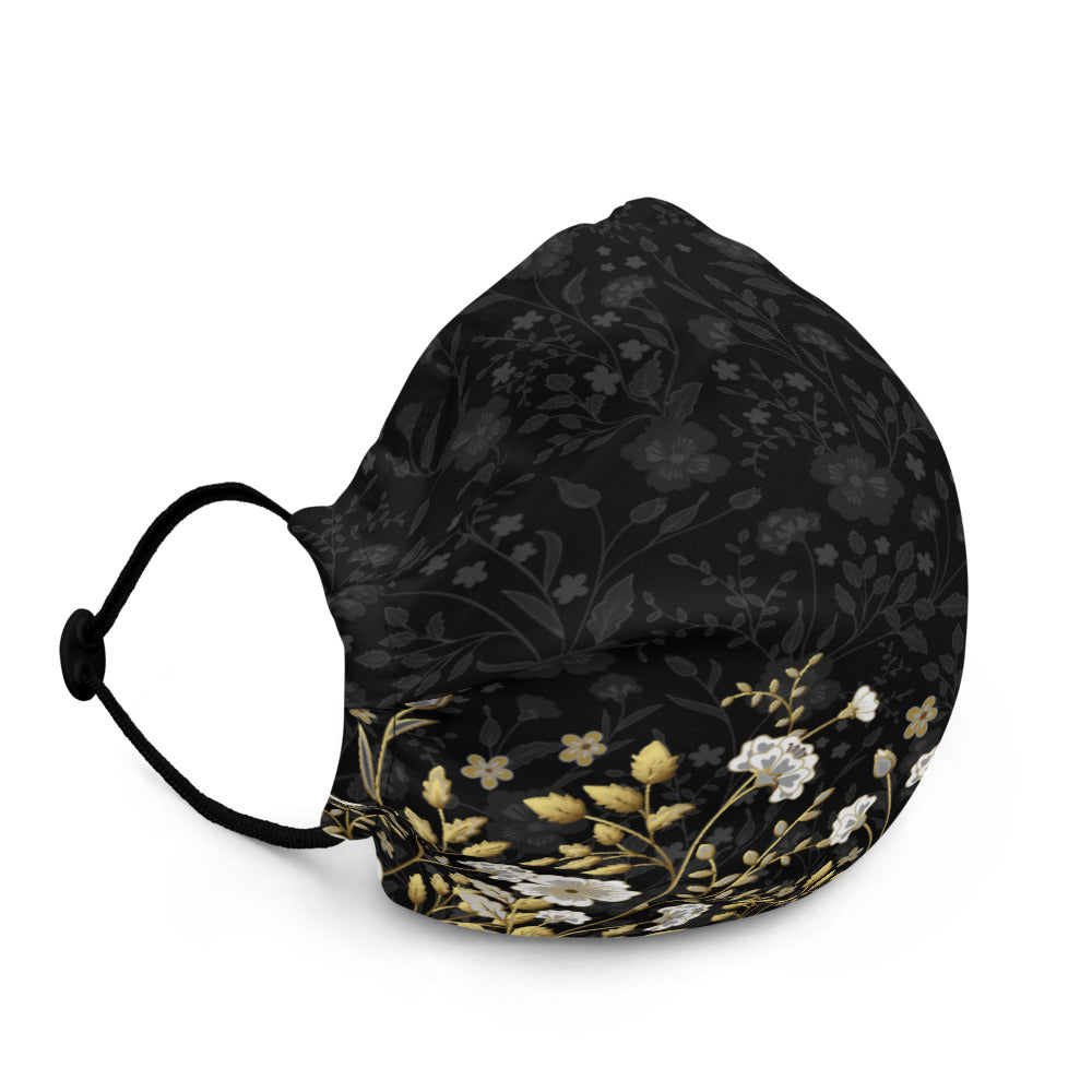 Black Jacquard and Gold Flowers - Premium Face Mask
