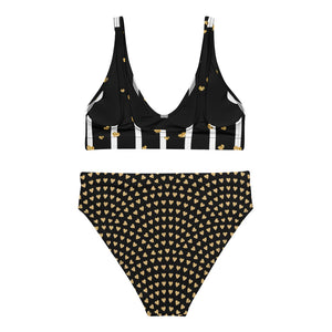 Gold Hearts on Black and White - Recycled high-Waisted Bikini