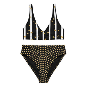 Gold Hearts on Black and White - Recycled high-Waisted Bikini