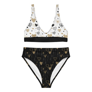 Gold Hearts on Black and White - Recycled High-Waisted Bikini