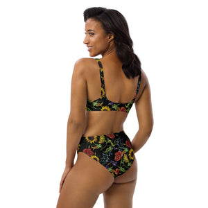 "Embroidered" Floral on Black - Recycled high-waisted bikini