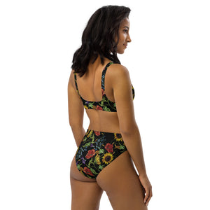 "Embroidered" Floral on Black - Recycled high-waisted bikini