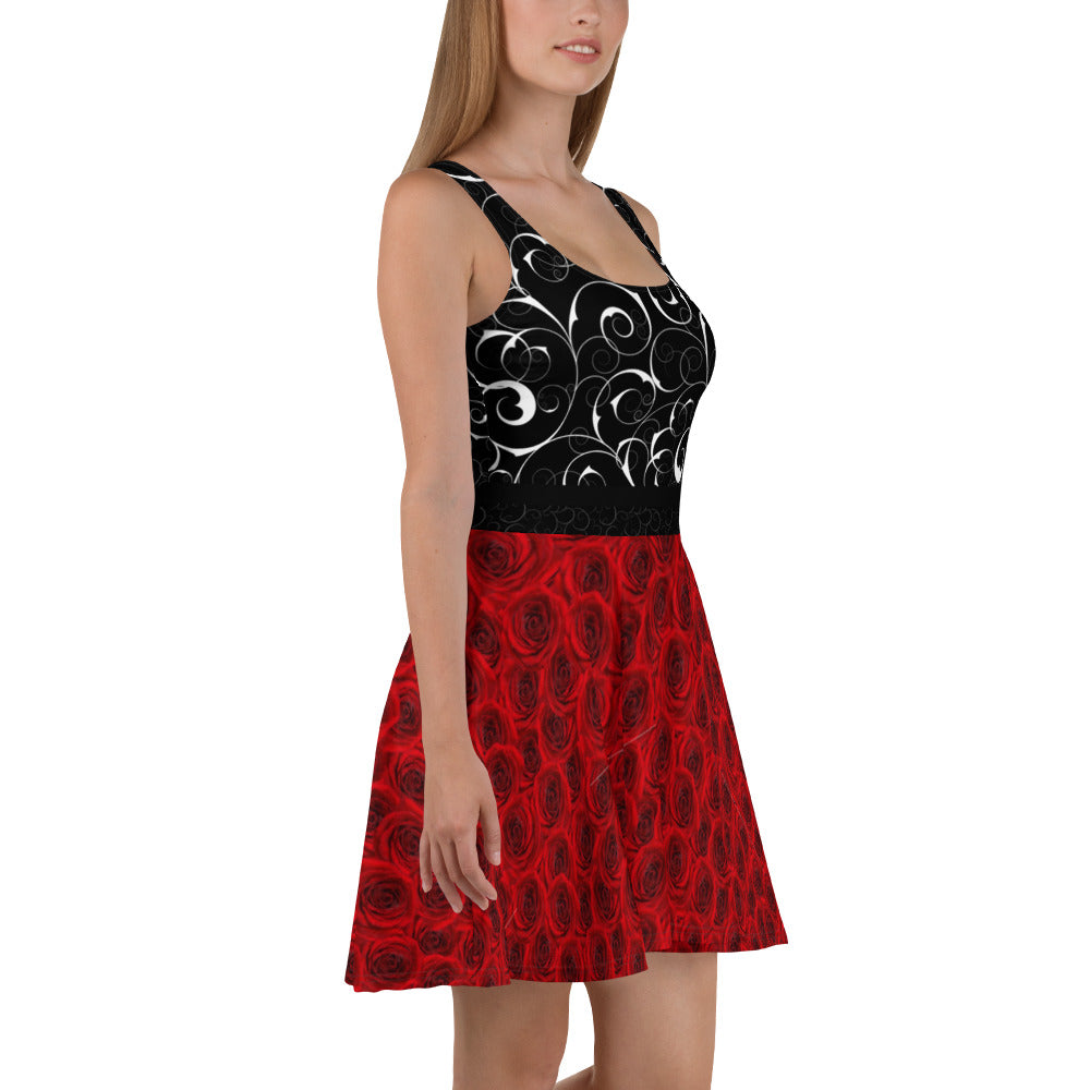 Red Roses and Black Swirls - Skater Dress