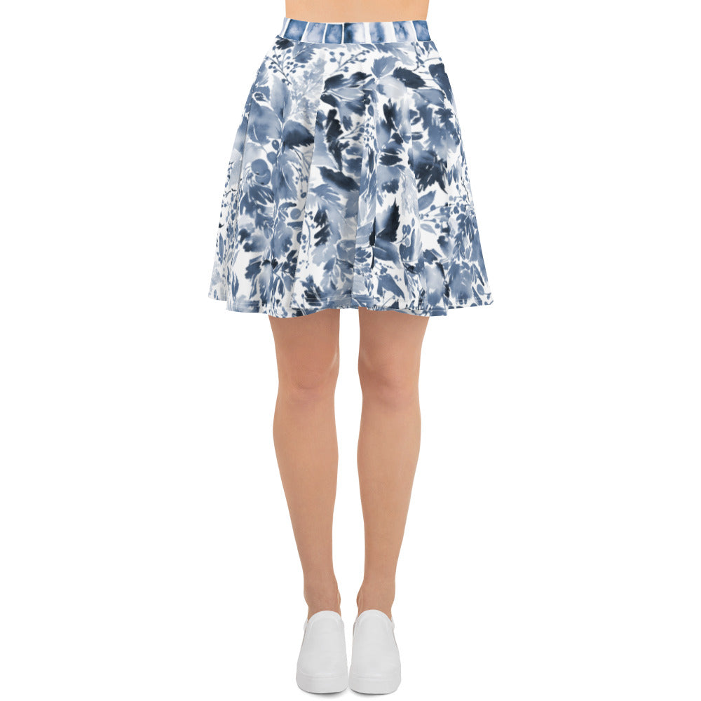 Dark Blue Watercolor Floral - Skater Skirt