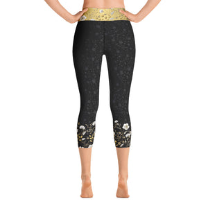 Black Jacquard and Gold Flowers - Yoga Capri Leggings