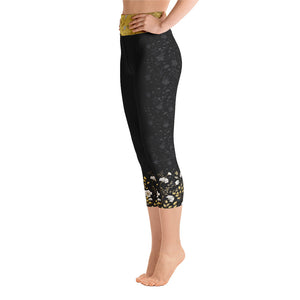 Black Jacquard and Gold Flowers - Yoga Capri Leggings