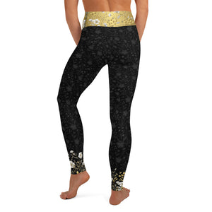 Black Jacquard and Gold Flowers - Yoga Leggings