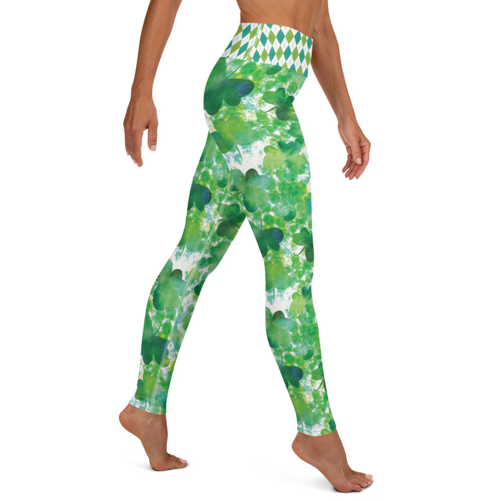 Watercolor Shamrocks and Plaid - Women's Yoga Leggings