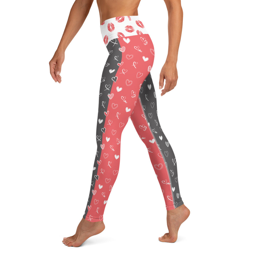 Coral and Gray Hearts and Smooches - Yoga Leggings