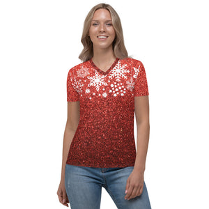 Holiday Red "Glitter" Print and Snowflakes - Women's V-neck