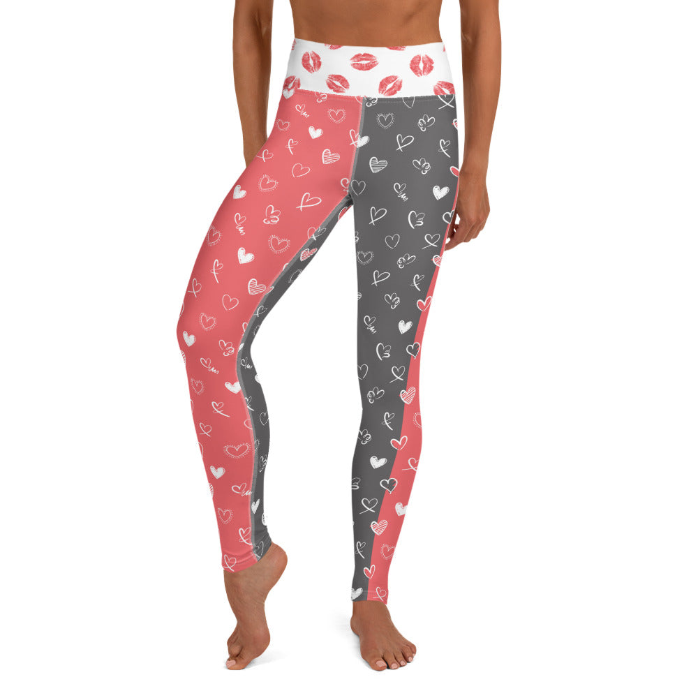 Coral and Gray Hearts and Smooches - Yoga Leggings