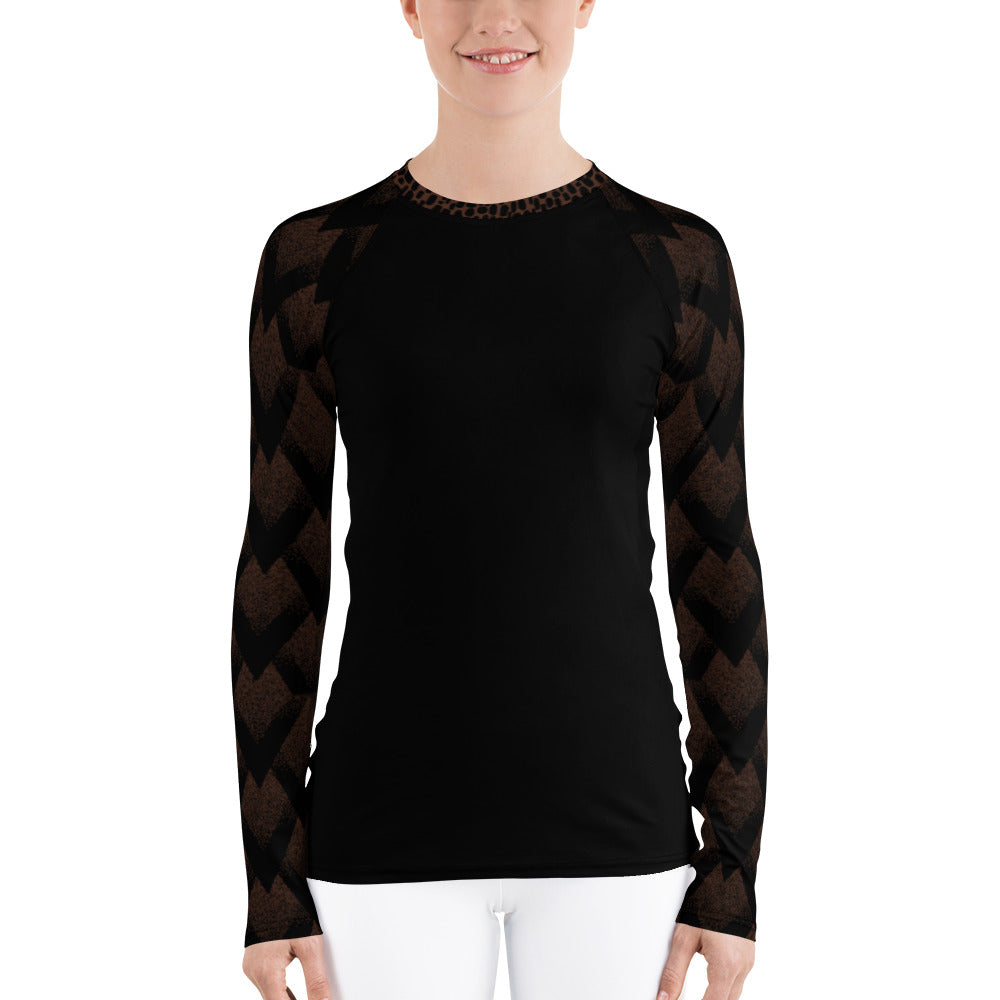 Black Spotted and Geometric on Brown - Women's Rash Guard