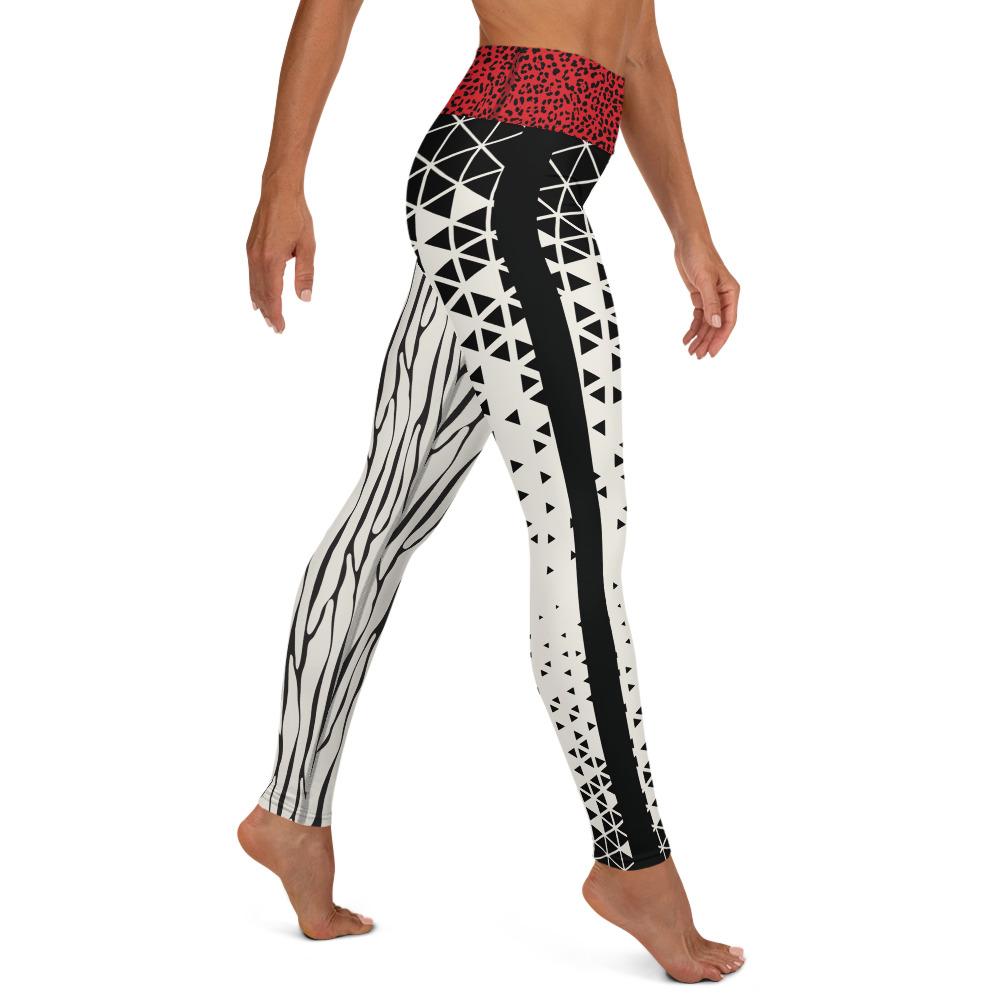 Black and Cream Geo with Red Cheetah Waist - Yoga Leggings