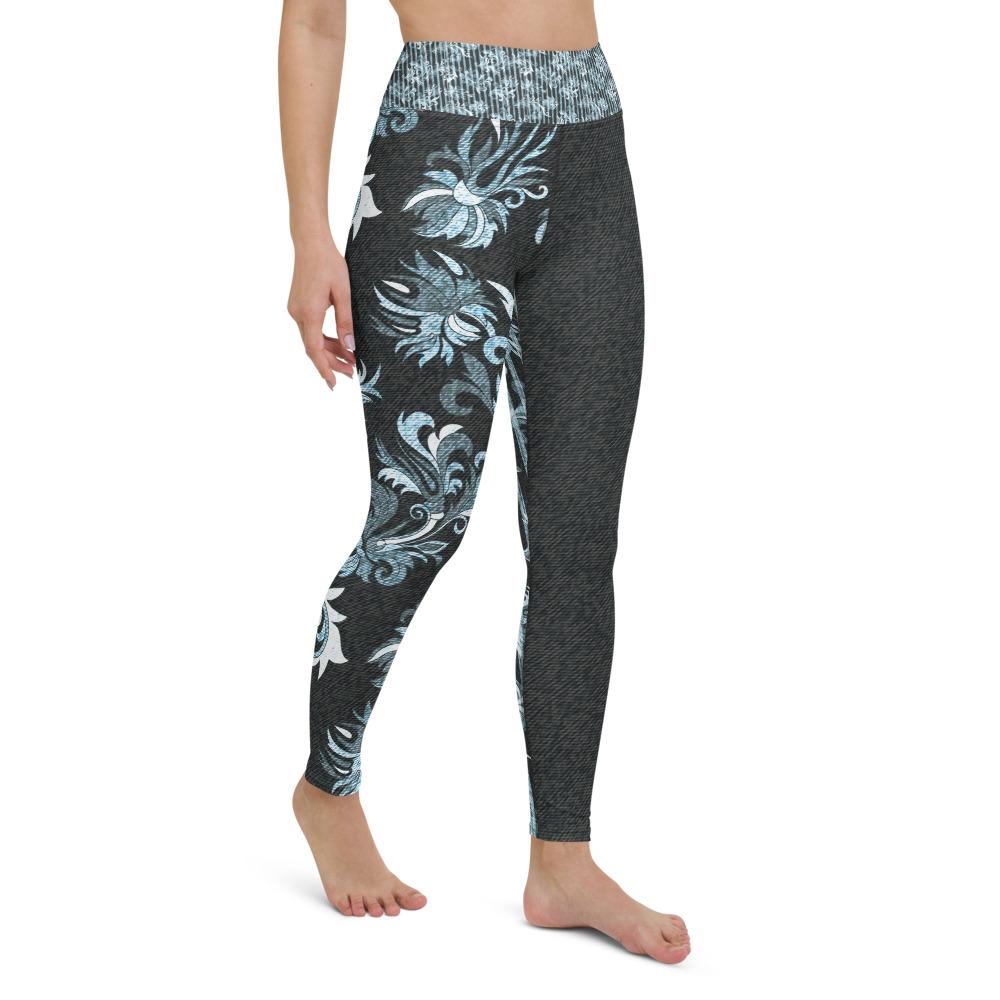 Blue Denim Fleur Asymmetrical - Yoga Leggings