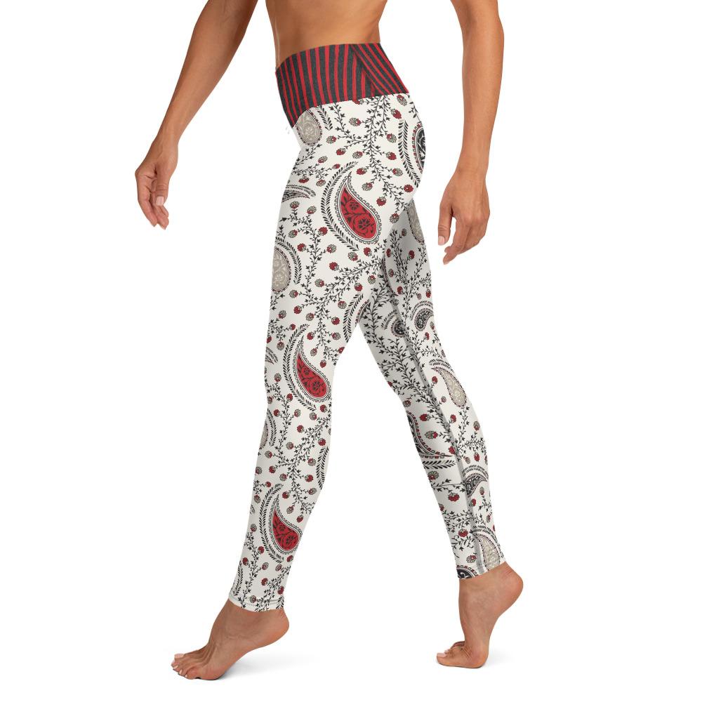 Black and Red Paisley with Striped waist - Yoga Leggings