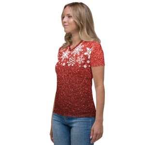 Holiday Red "Glitter" Print and Snowflakes - Women's V-neck