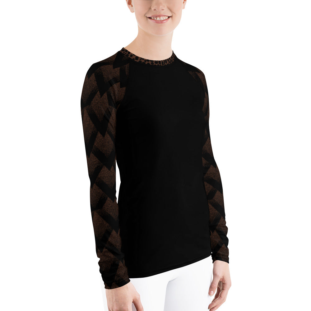 Black Spotted and Geometric on Brown - Women's Rash Guard