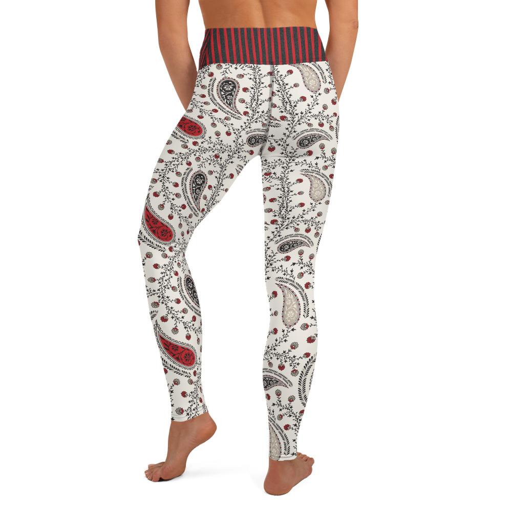 Black and Red Paisley with Striped waist - Yoga Leggings