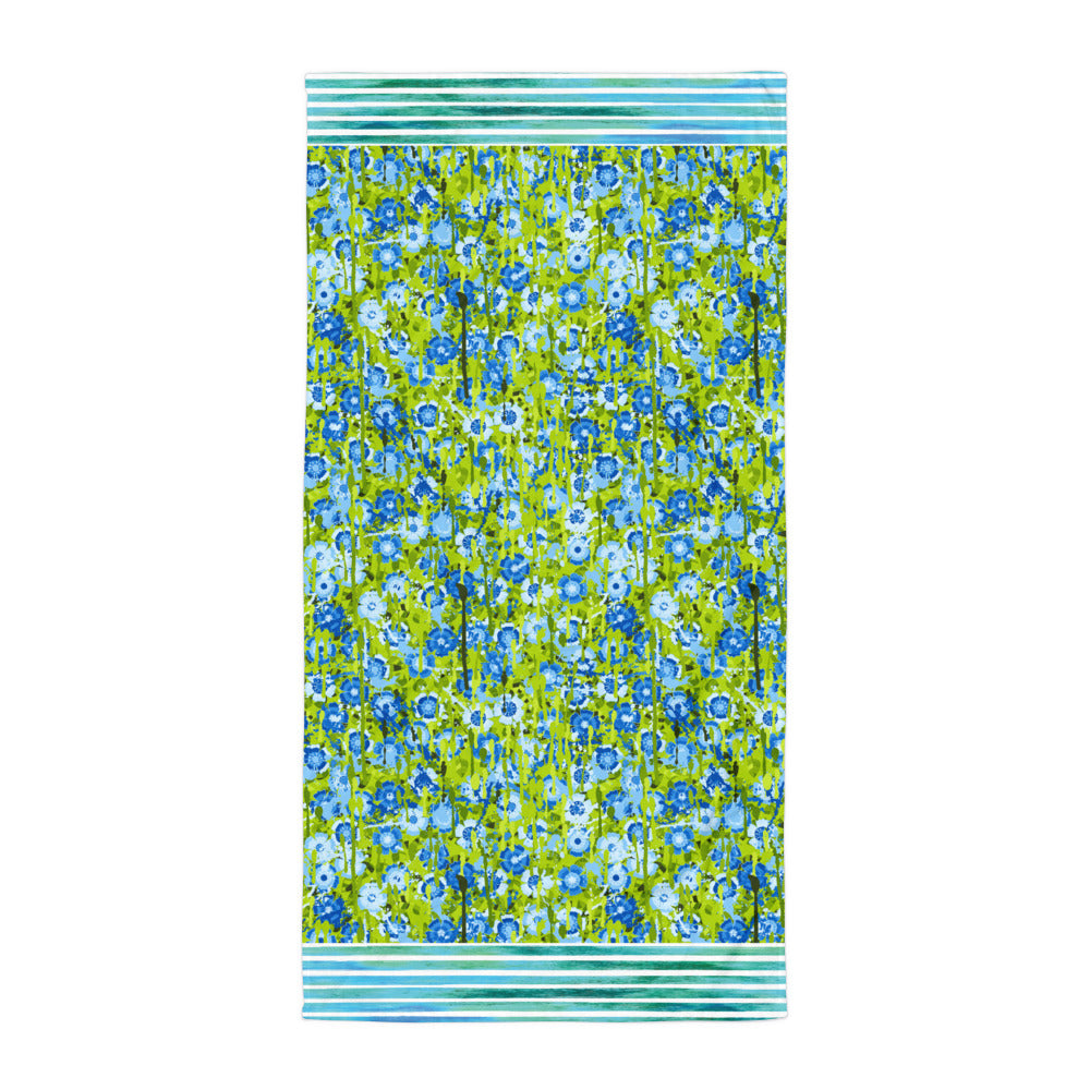 Blue and Green Flowers and Stripes - Beach Towel